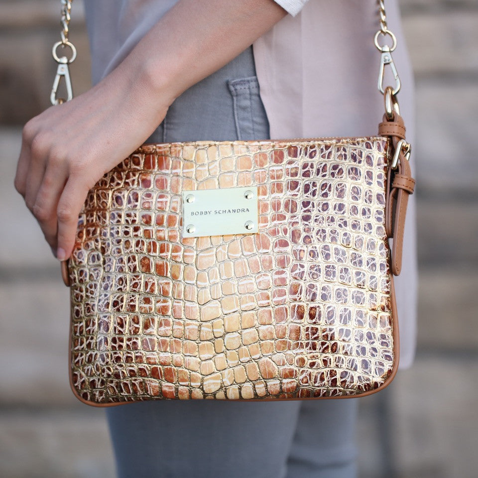 Gold Designer Leather Messenger Handbag by Bobby Schandra