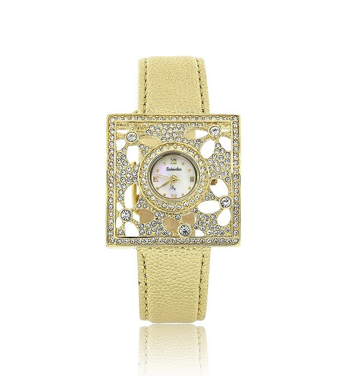 Gold Leather Swarovski Crystal Watch