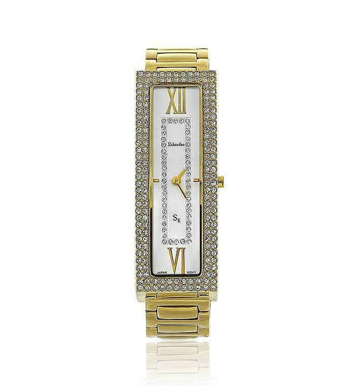 Gold Long Rectangle Swarovski Crystal Pearl Face Designer Watch
