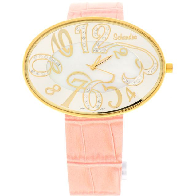 Pink gold oval swarovski crystal leather watch