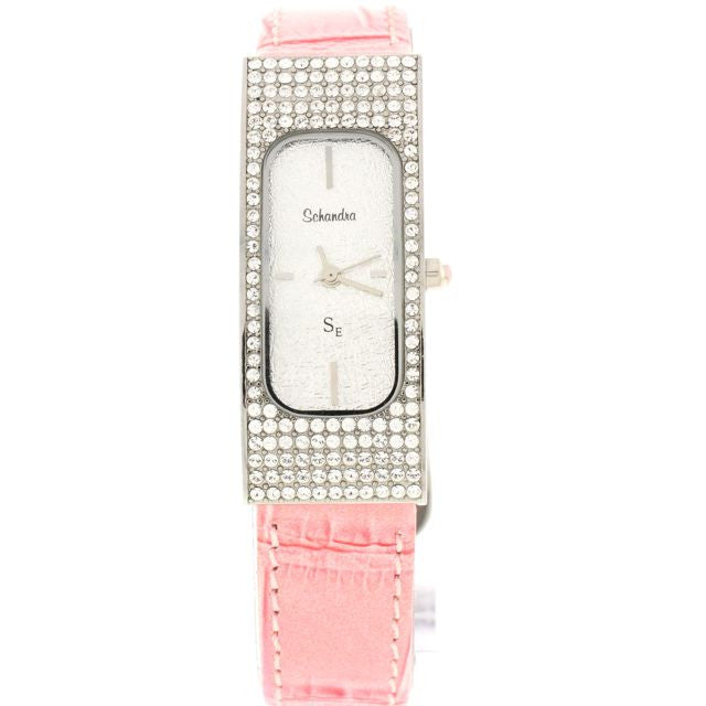 Pink/Silver Rectangle Swarovski Crystal Leather Watch