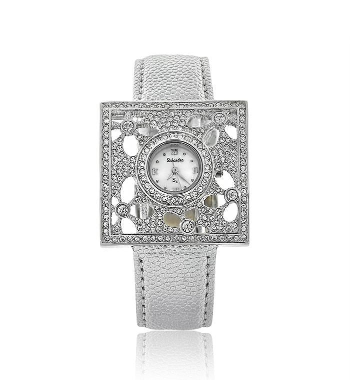 Silver Leather Swarovski Crystal Flower Designer Watch