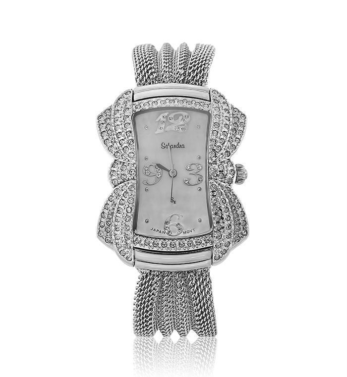Silver Mesh Swarovski Crystal Pearl Face Designer Watch 
