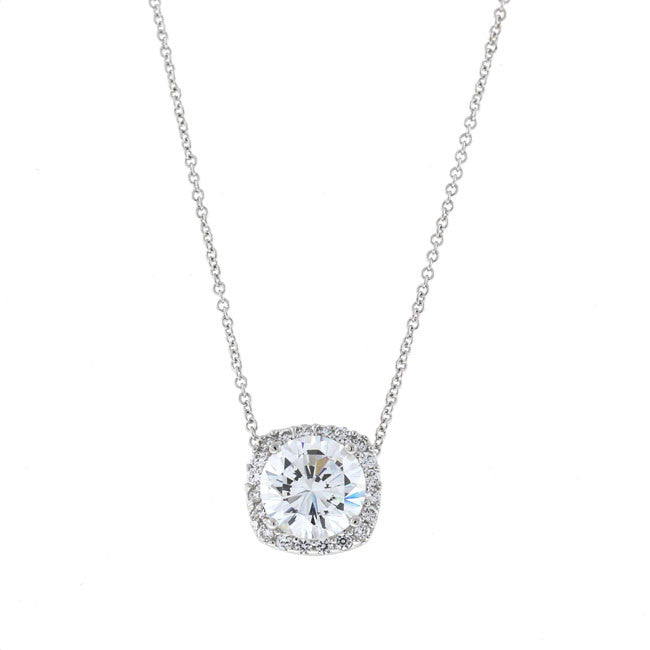 Silver Round CZ Pendant Necklace Cushion Bezel Travel Jewelry