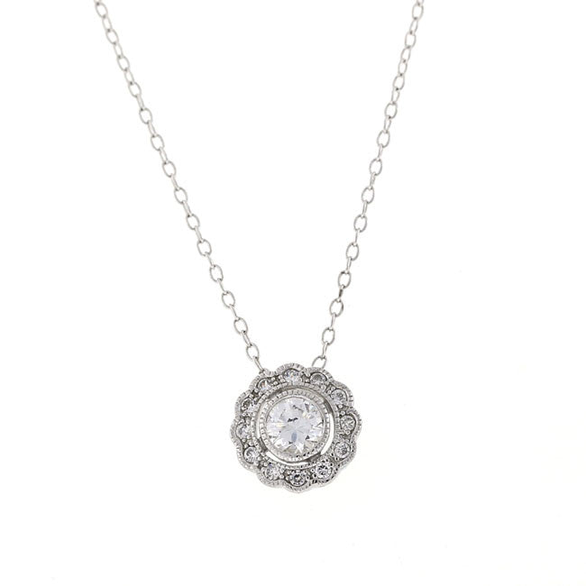 Silver Round Vintage CZ Pendant Necklace Travel Jewelry