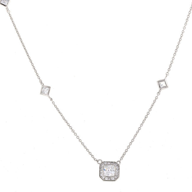 Silver Square Accented CZ Pendant Necklace Travel Jewelry