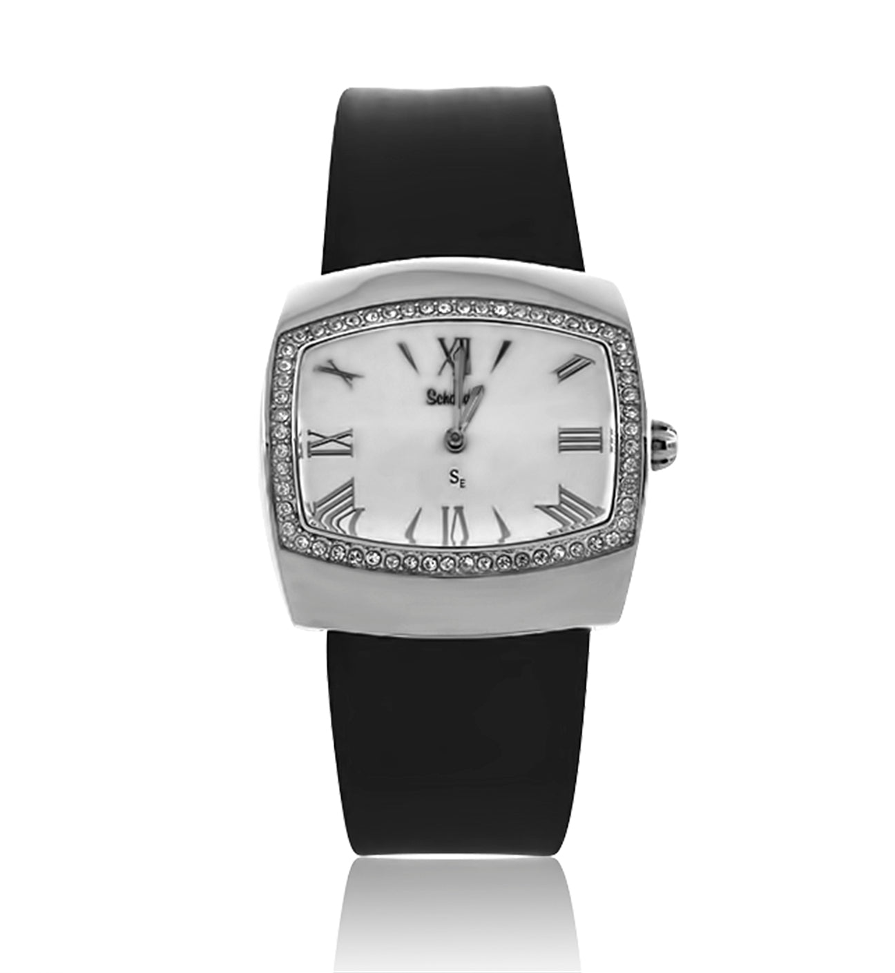 Black Strap with Swarovski Crystal and Mother of Pearl Face - Silver