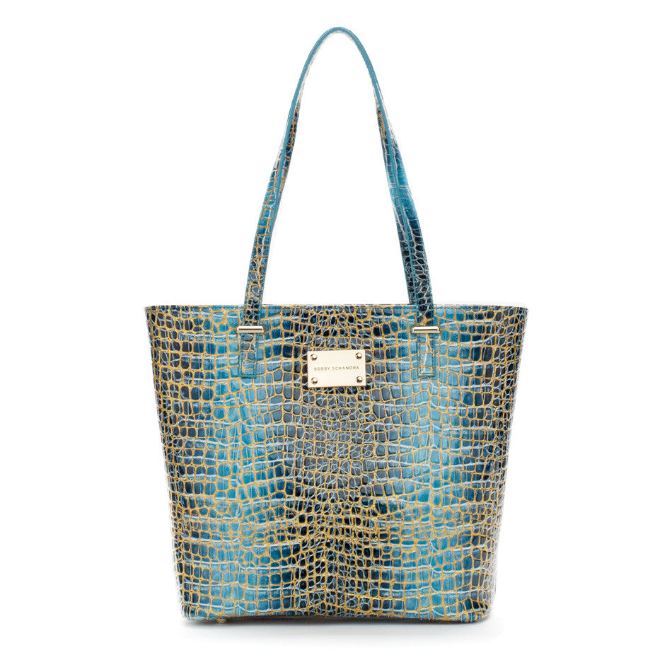 teal-blue-snake-gold-print-leather-designer-tote