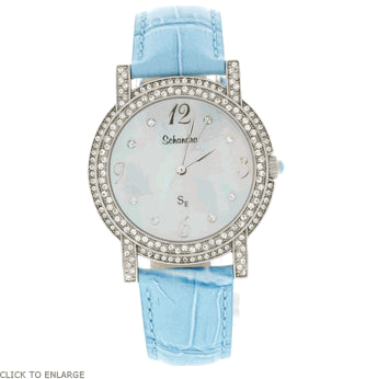 Turquoise round leather swarovski crystal watch