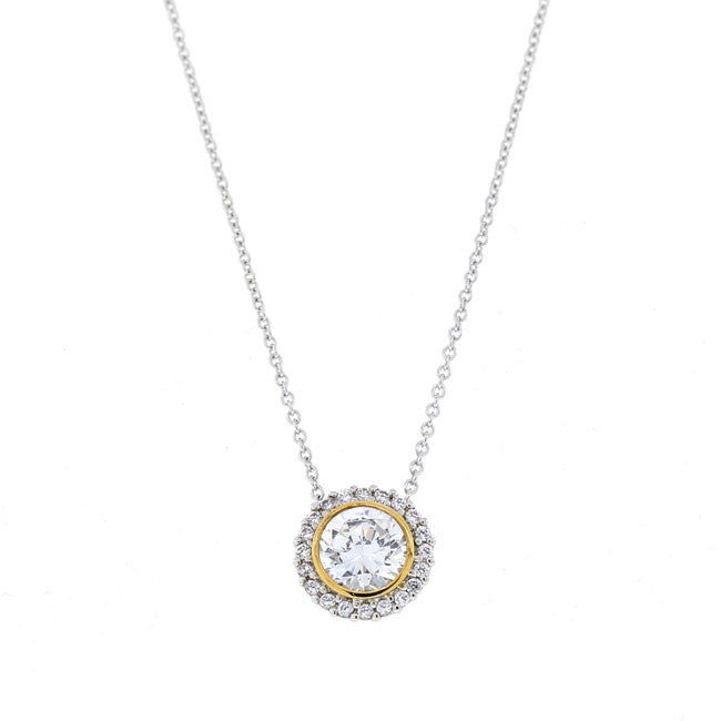 Two Tone Silver Round CZ Pendant Necklace Travel Jewelry