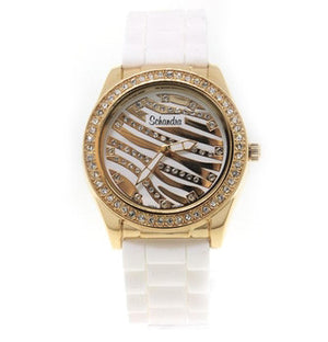 White and Gold Zebra Rubber Bling Watch