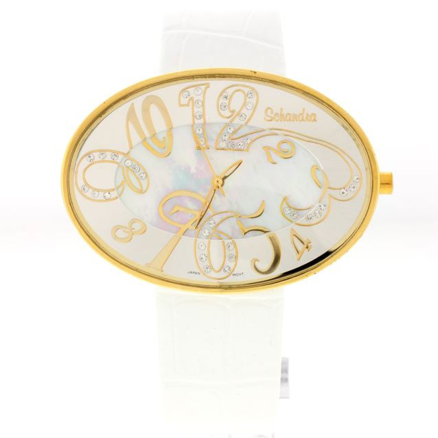 White/gold oval Leather Swarovski Crystal Watch