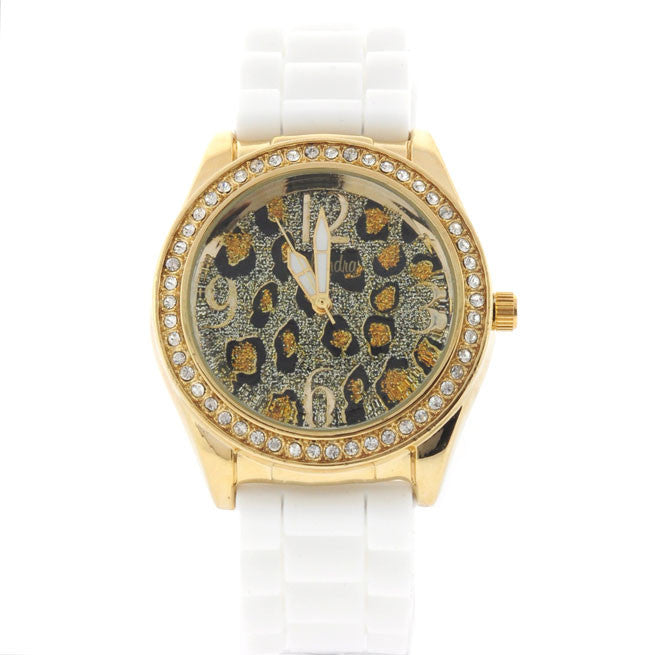 White Rubber Animal Print Bling Watch